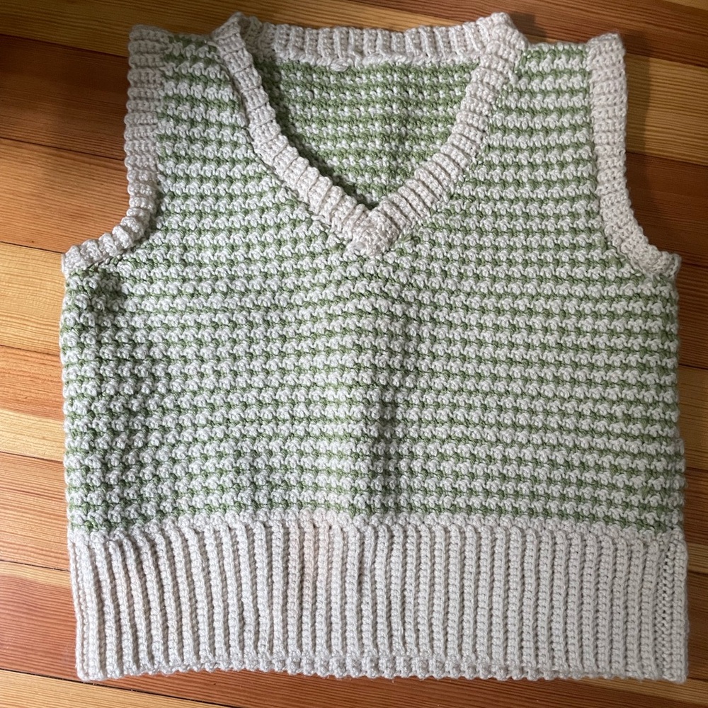 Green and Cream Knit Sweater Vest